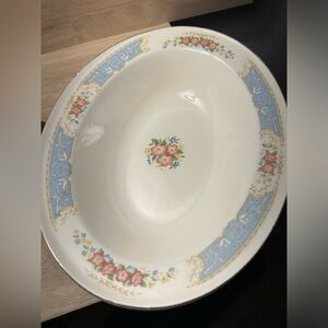 Vintage Gold Trimmed Floral Blue Patterned Oval Serving Dish